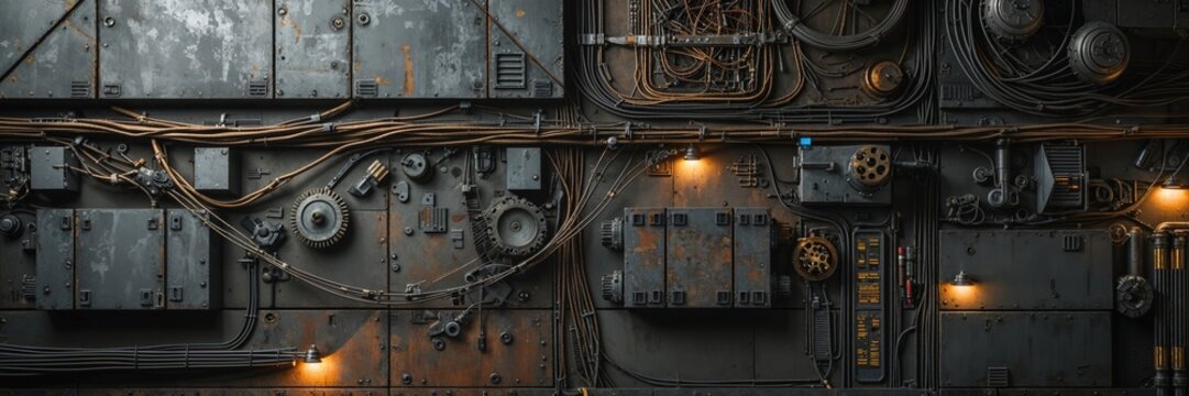 Industrial steampunk wall with gears wires pipes and warm lighting for background