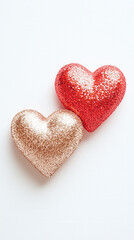 Fototapeta premium Glittering red and gold hearts on white background, evoking love and celebration