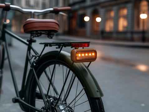 Bicycle parked at night with glowing rear light