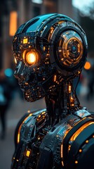 Fototapeta premium Futuristic Human-Like Robotic Figure with Illuminated Circuitry in Urban Setting