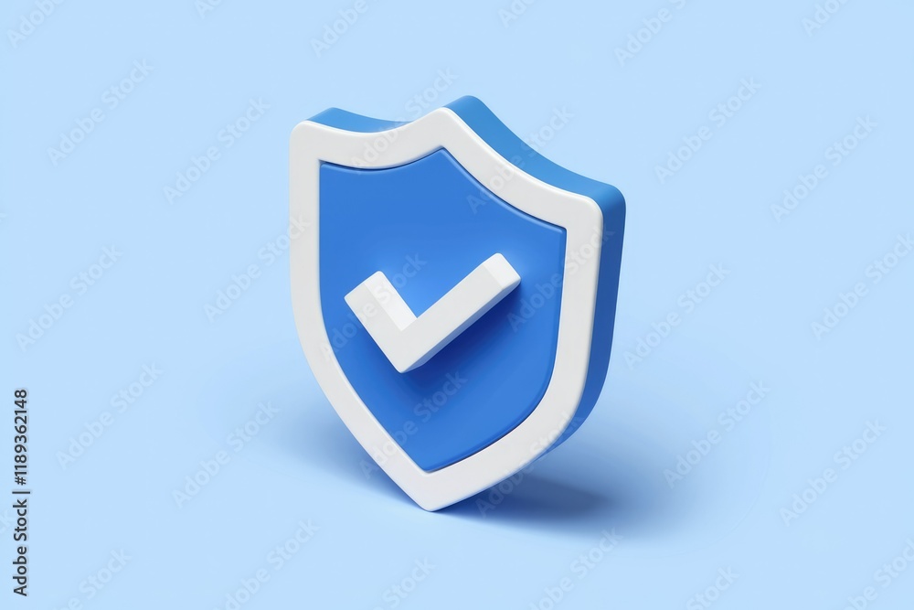 Poster A 3D rendering of a blue shield with a white checkmark, symbolizing security and approval.