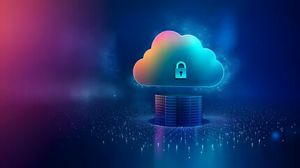 Secure cloud data storage  Digital server protected by a locked cloud symbol, glowing in a dark blue background, ideal for technology or cybersecurity websites