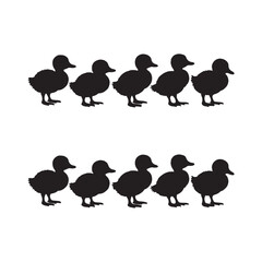 Ducklings in a line silhouette vector illustration black color design and solid white background