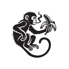 Monkey holding a banana silhouette vector illustration black color design and solid white background