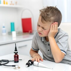 Naklejka premium A child with an earache sitting in a clinic