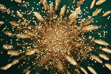 festive gold confetti and wheat against a dark green background