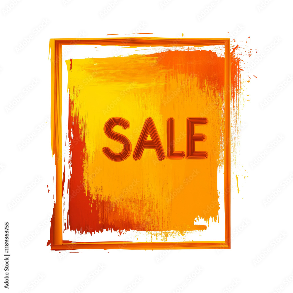Poster an abstract image depicting a sale announcement with a bright orange and yellow paint design inside 