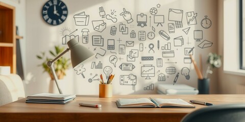 A desk with a clock on the wall and a wall of drawings of various things. The drawings include a computer, a book, a calculator, a pen, and a clock. The desk is cluttered with papers and books