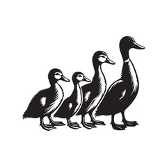 Ducklings in a line silhouette vector illustration black color design and solid white background