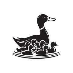 Ducklings in a line silhouette vector illustration black color design and solid white background