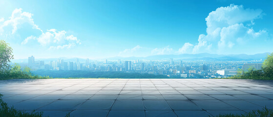 Obraz premium Empty square floor with blue sky and city background