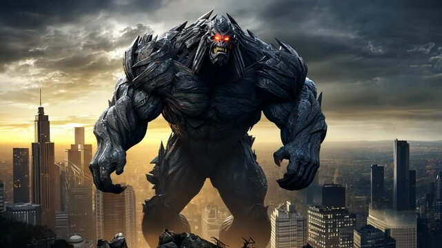 Giant monster over the destroyed city. Mythical giant kaiju attack