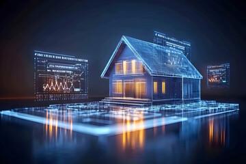 Smart home design, digital blueprint, futuristic technology, data visualization, nighttime setting; for real estate, tech articles