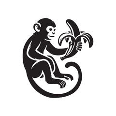 Monkey holding a banana silhouette vector illustration black color design and solid white background