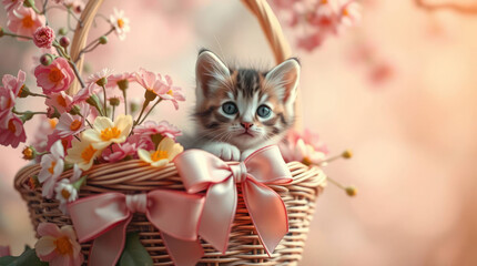 Adorable kitten peeking out from a flower basket adorned with ribbons in a soft floral setting