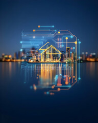 Smart home technology futuristic cityscape, night city reflection, digital house icon, IoT concept, real estate