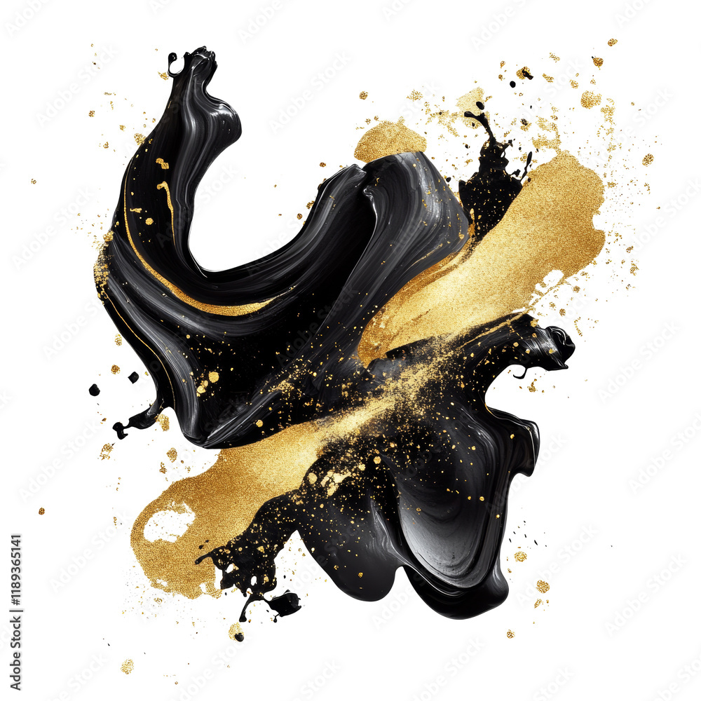 Aufkleber an abstract image depicting a dynamic swirl of black and gold paint with splatters against a black b