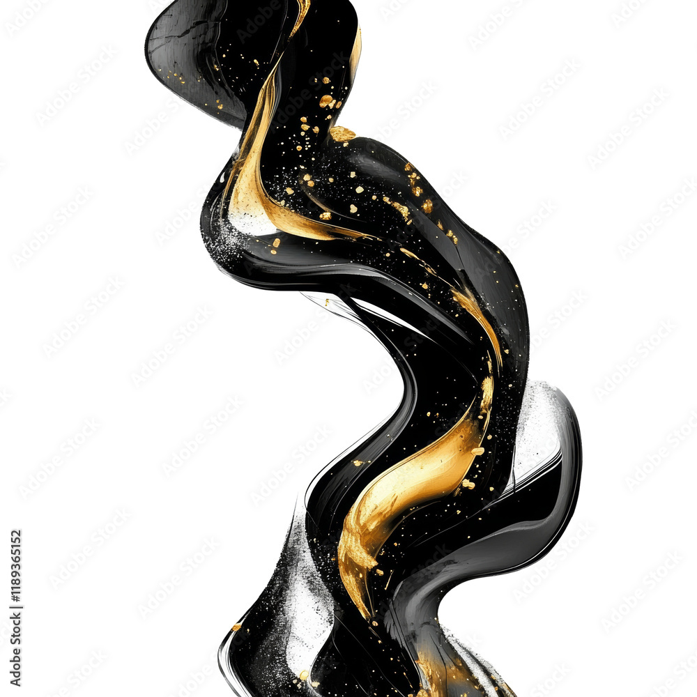 Poster an abstract image showcases a dynamic swirl of black and gold paint with subtle silver accents again