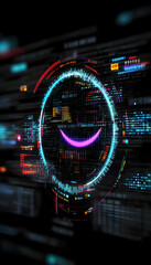 Obraz premium Smiling digital interface, futuristic technology, data stream background, website banner
