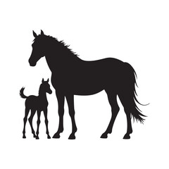 Horse and foal walking silhouette vector art  illustration