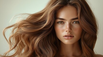 Naklejka premium Close-up portrait of young woman with voluminous brown wavy hair. Face subtly lit, expression calm, mysterious. Hair care, beauty products implied. Suggests hair salon haircare product advertising.