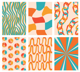 Collection of retro vector backgrounds with simple and fun patterns. Vintage aesthetic, psychedelic textures for cards, posters, covers, banners, or branding.