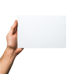 Obraz premium A male hand displays a blank white rectangular card against a black background providing space for text or design.