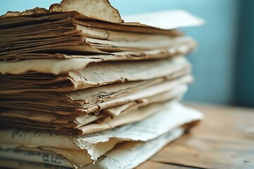 Stack of antique papers on wood table