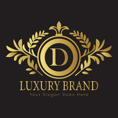 Naklejka premium Letter Luxury brand logo design with a royal gold crown emblem and elegant typography 
