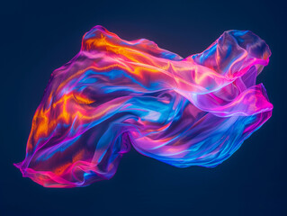 Obraz premium Cling wrap of colourful neon bright flow silk scarf cloth flying flowing striking illuminated background. Wavy object. Fashion editorial Concept. Copy space for text.