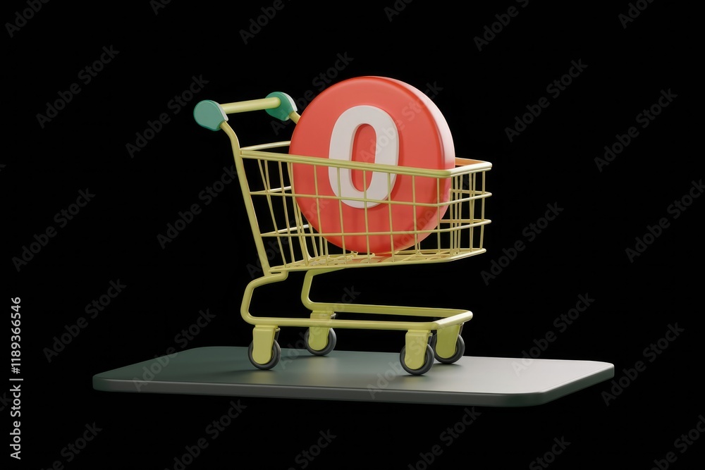 Poster A red circle with the number zero inside sits in a miniature shopping cart on a black surface.