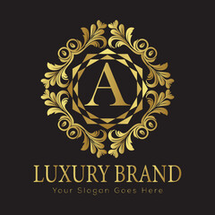 Letter Luxury brand logo design with a royal gold crown emblem and elegant typography
