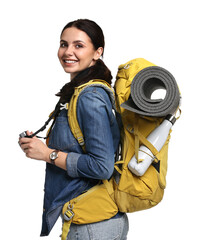 Young tourist with backpack on white background