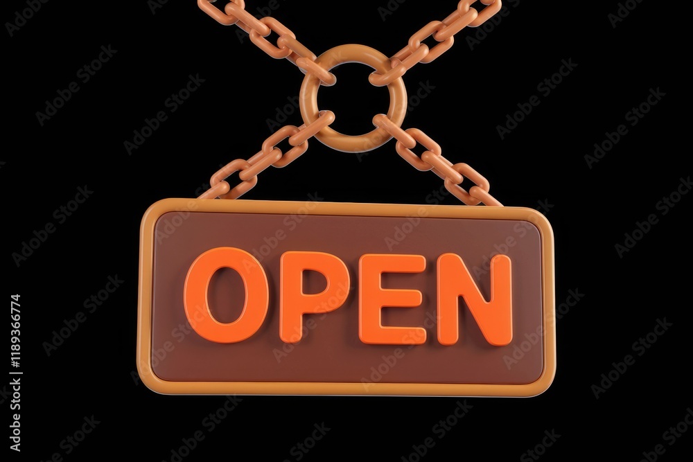 Poster a 3d rendered open sign hangs from chains, indicating business availability.