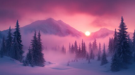 Winter wonderland sunrise over snowy mountain peaks with fog.