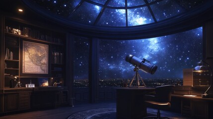 Modern observatory with telescope and panoramic starry sky