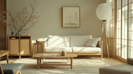 Serene Minimalist Living Room: Light Wood Furniture and Soft Sunlight