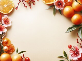Festive Oranges Flowers Branches Border Spring Background
