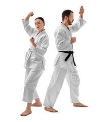 Karate fighters in uniform on white background