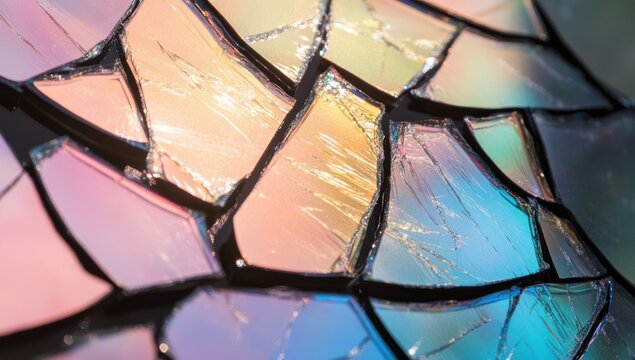 光を反射する美しいカラフルな破損したガラスのクローズアップ