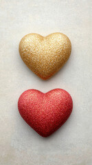 Obraz premium Glittery gold and red hearts on neutral background, evoking love and elegance
