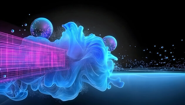 Abstract data flow, digital transformation, futuristic technology, glowing blue ink, dark background, concept for tech website