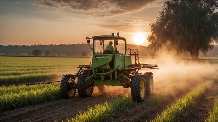Fototapeta premium Generative AI image of unmanned robot herbicide sprayer working in agricultural field during evening against sunset sky and green trees in countryside