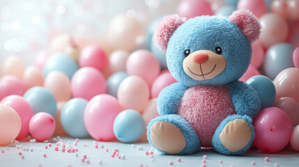 Fototapeta premium Kids website background: dynamic abstract design with toys and balloons on white background.
