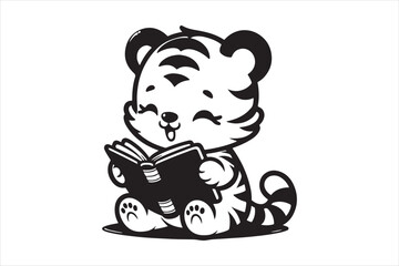 Cute Baby tiger Reading Book Cartoon outline 