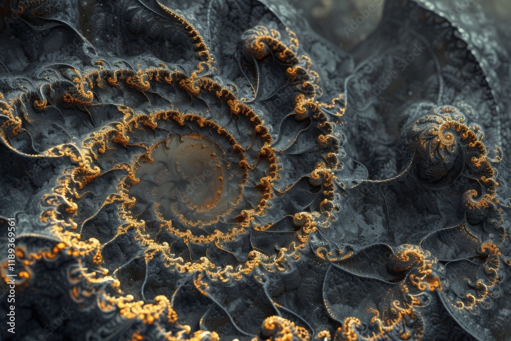 Poster fractal patterns unfolding in intricate spirals with golden details, creating an endless visual jour