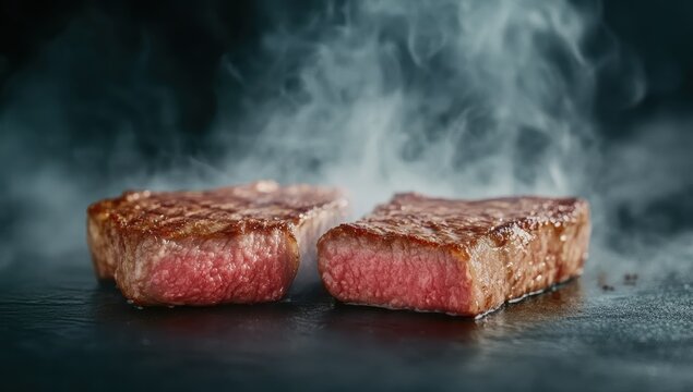 ジューシーなステーキが焼かれる瞬間とその美味しさが伝わるアップ