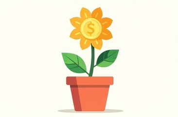 The concept of contribution, profit growth, financing. The flower, whose core consists of a gold coin with a dollar symbol and petals around it, stands in a pot on a white background in the center.