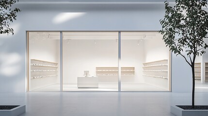 Obraz premium Minimalist retail space with shelves and a central display table.