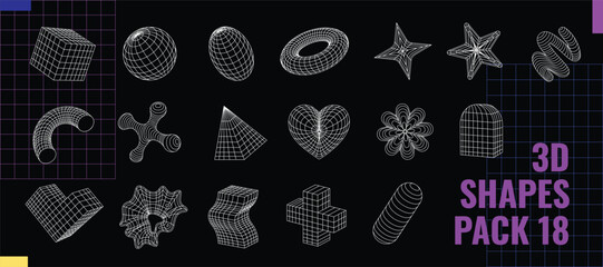 Wireframes vector 3d shapes pack. Abstract geometric linear 3D objects. 3D pack includes stars, geometry forms, shapeless elements.